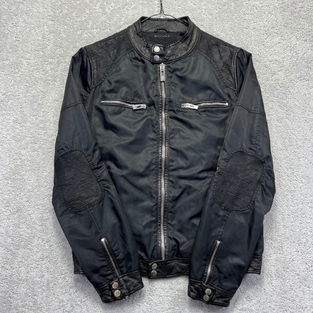 Rogue Moto Jacket Size L Black Nylon Leather Trim Elbows Patch Biker Grunge Goth